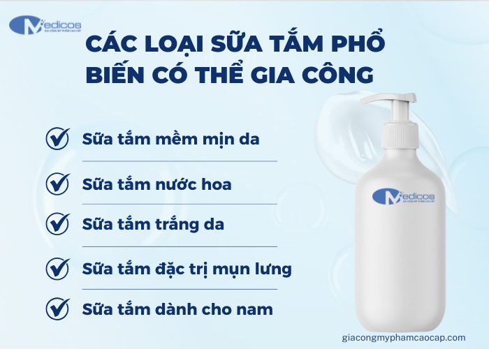 Một số dòng sữa tắm phổ biến có thể gia công tại Medicos